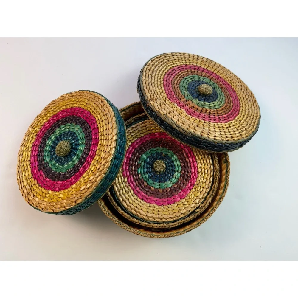 Vintage Woven Straw Nesting Baskets Set of 3 Lidded Boho Decor 1970s Striped